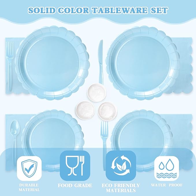 Vyntra 350 Pcs Light Blue Disposable Paper Plates and Napkins Set for 50, 9" Dinner Plates & 7" Dessert Plates, Tableware for Baby Shower, Birthday, Picnic, Party