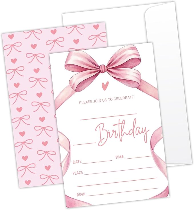 Pink Bow Birthday Invites Cards Party Invitation Cards for Girls Kids Adults Party Invitations 4x6 Inch Blank Invitations with Envelopes 20 Pcs Double Sided Invitation Card for Girls Birthday YT0080