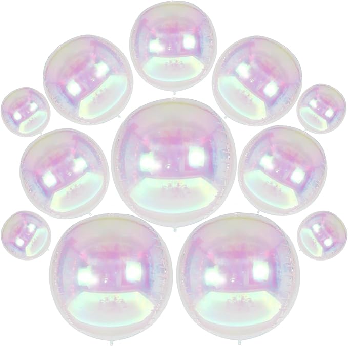 12PCS Iridescent Round Foil Balloons, 22" 15" 10" Large 4D Ball Balloons Holographic Mirror Sphere Balloon for Wedding Baby Shower Mermaid Princess Birthday Party Ceiling Decorations