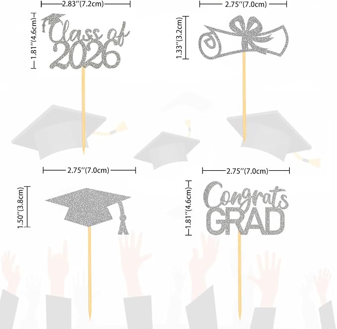 2026 Graduation Theme Cupcake Toppers Glitter Class of 2025 Graduation Cap Diploma Cupcake Picks - Set of 24 (Silver2)