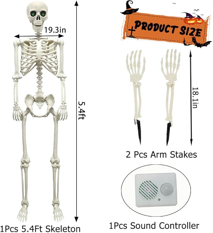 WODMAZ 5.4Ft Halloween Skeleton, Full Size Posable Skeleton with Glowing Eyes Creepy Sound, Full Body Life Size Skeleton and 2 Arm Stakes for Halloween Indoor Outdoor Haunted House Decorations