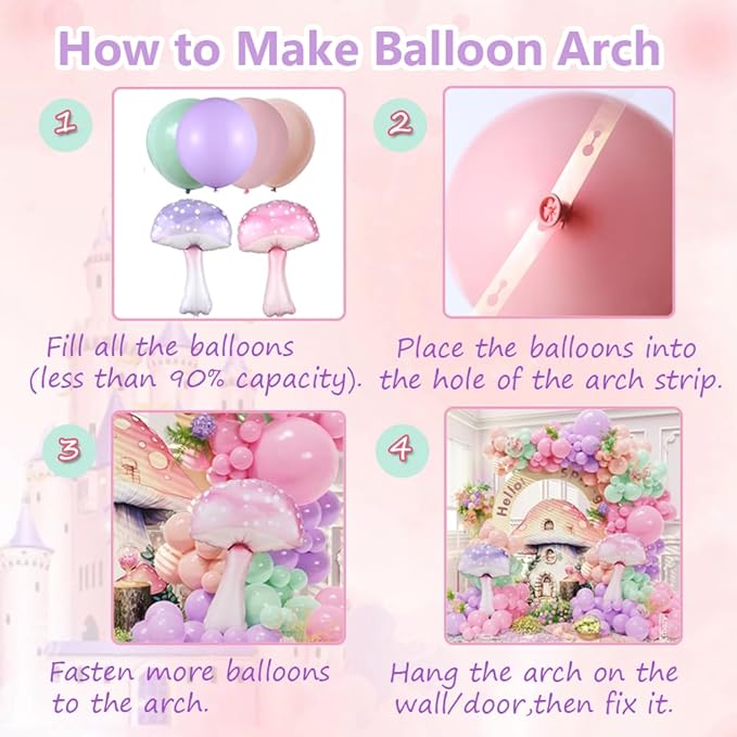 143Pcs Fairy Wonderland Balloon Arch Garland Kit, Pastel Pink Purple Dusty Green Latex Balloons with Mushroom Foil Balloons for Girls Fairytale Birthday Spring Baby Shower Garden Tea Party Decorations
