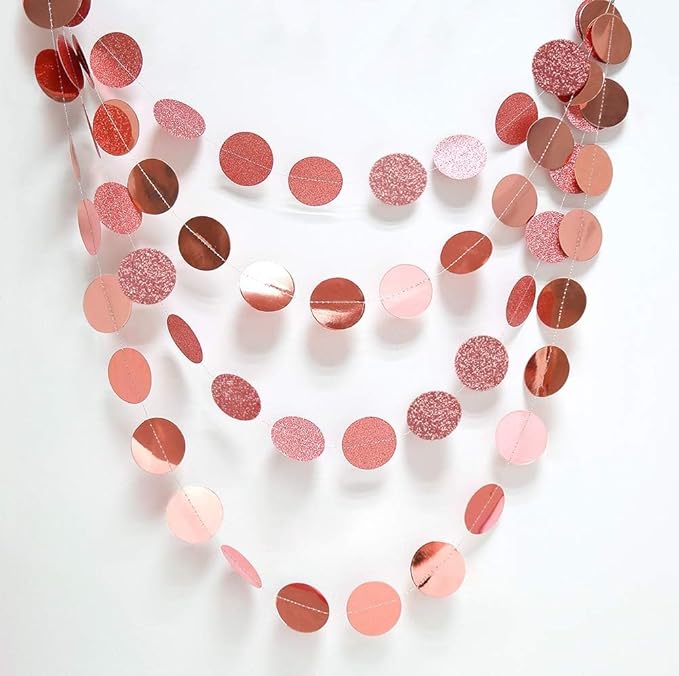 Cheerland Glitter Rose Gold Circle Dot Garlands for Christmas Decorations Rose Gold Party Decorations Hanging Banner Streamer Backdrop Decor Bday Bridal Shower Bachelorette EID Graduation Supplies