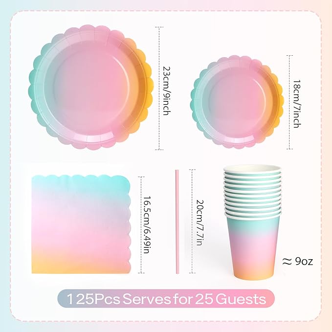 168PCS Party Plates, Scalloped Gingham Paper Plates and Cups and Napkins Sets Party Supplies for Birthday Wedding Bridal Shower Baby Shower Picnic, Serve for 24 Guests (Iridescent Scalloped)