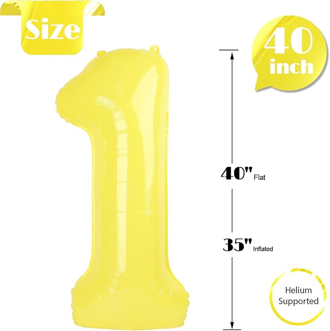 Yellow Number 1 Balloon for First Birthday 40 Inch, 1st One Number Balloons Birthday Decorations for Girl Boy Toddler Baby
