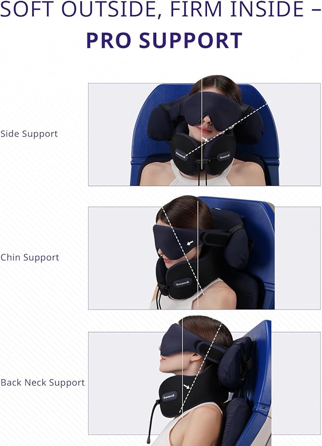Travel Pillow, Neck Pillow Airplane with 3D Eye Mask & Seat Strap for Long Flight Sleep Road Trip, Dual-Density Supportive Foam, 360°Support Head, Neck & Chin Travel Essentials Grey & Red
