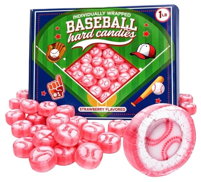Baseball Candy Team Party Favor Bulk Pack – 110+ Individually Wrapped Ball Shaped Hard Candy Strawberry Flavor Game Day Snacks, Goodie Bag Fillers, Sports Birthday Treats