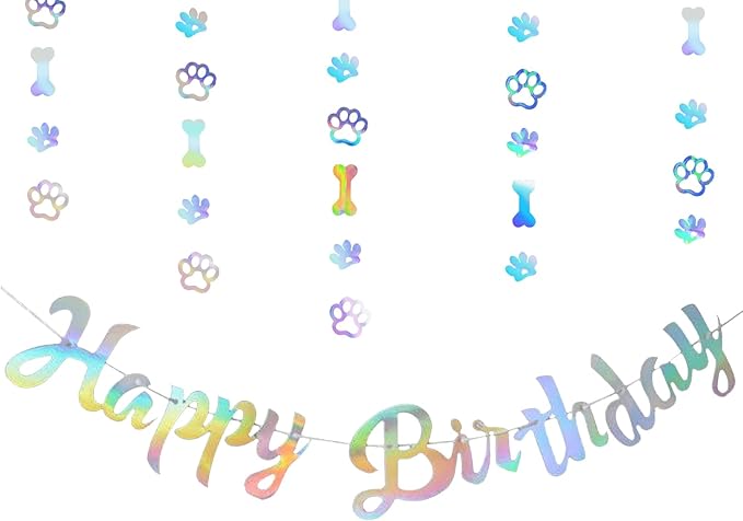 Dog Themed Puppy Paw Balloons Happy Birthday Party Banner for Girls & Women DIY Party Supplies (Iridescent Silver)