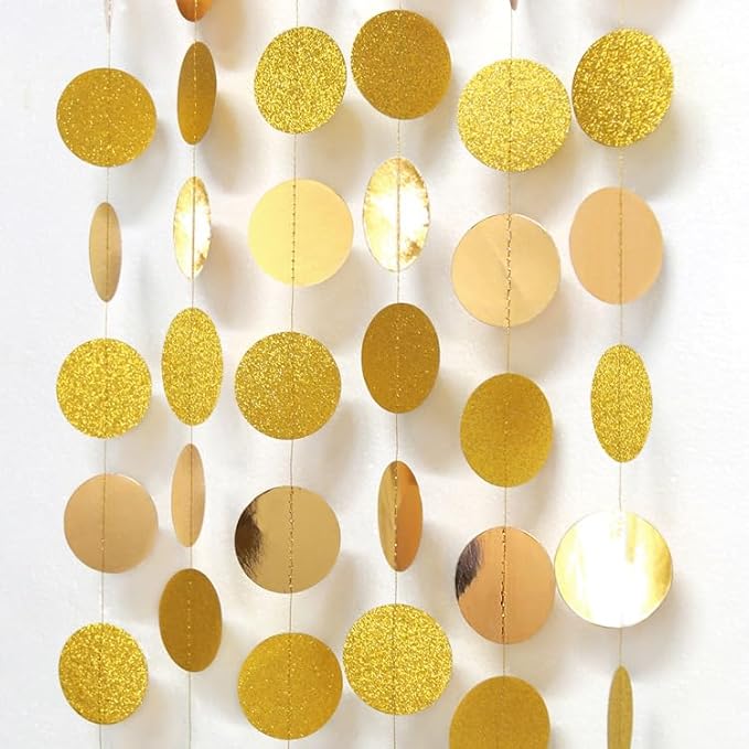 Shining Gold Circle Dots Hanging Garland Sparkling Gold Circle Dots Hanging Streamer Glitter Bunting Banner Backdrop for Wedding Baby Shower Birthday Xmas Decor 40 Feet