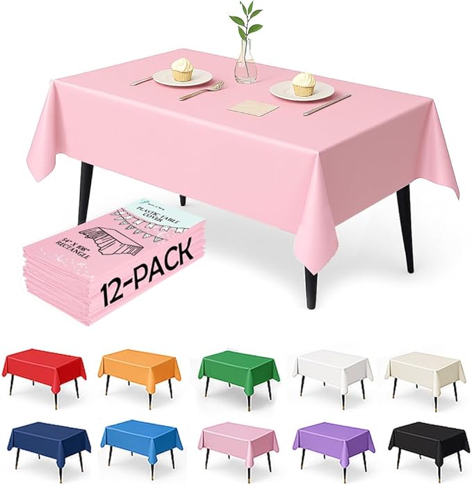 Craft And Party 12-Pack Light Pink Plastic Tablecloths – 54 x 108 Inch Disposable Table Covers for Rectangle Tables, Heavy Duty & Waterproof for Parties, Events, Banquets, Light Pink