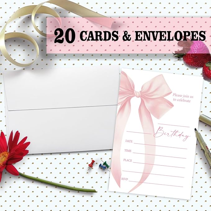 Pink Bow Birthday Invitation Cards For Girls Adult Teens, Birthday Party Supplies Favors, 20 Fill-In Invitation Cards with Envelopes -24