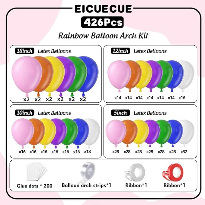 426Pcs Rainbow Balloon Arch Kit - 7 Assorted Colors Balloon Garland Kit for Birthday Party Kids Baby Shower Wedding Anniversary Christmas Pride Rainbow Colorful Supplies Party Decorations