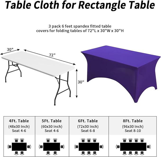 Fixwal 3 Pack Purple Table Cloths Rectangle 6FT, Tablecloths Rectangular Stretch Spandex Fitted Table Covers 6 FT for Parties, Trade Shows, Banquet, Weddings, Event