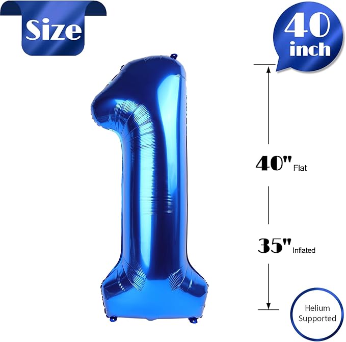 Metallic Blue Number 1 Balloon 40 Inch, 1st Birthday Balloon for Baby Boy Girl Toddler First Birthday Decorations, Shiny Metallic Blue Party Supplies