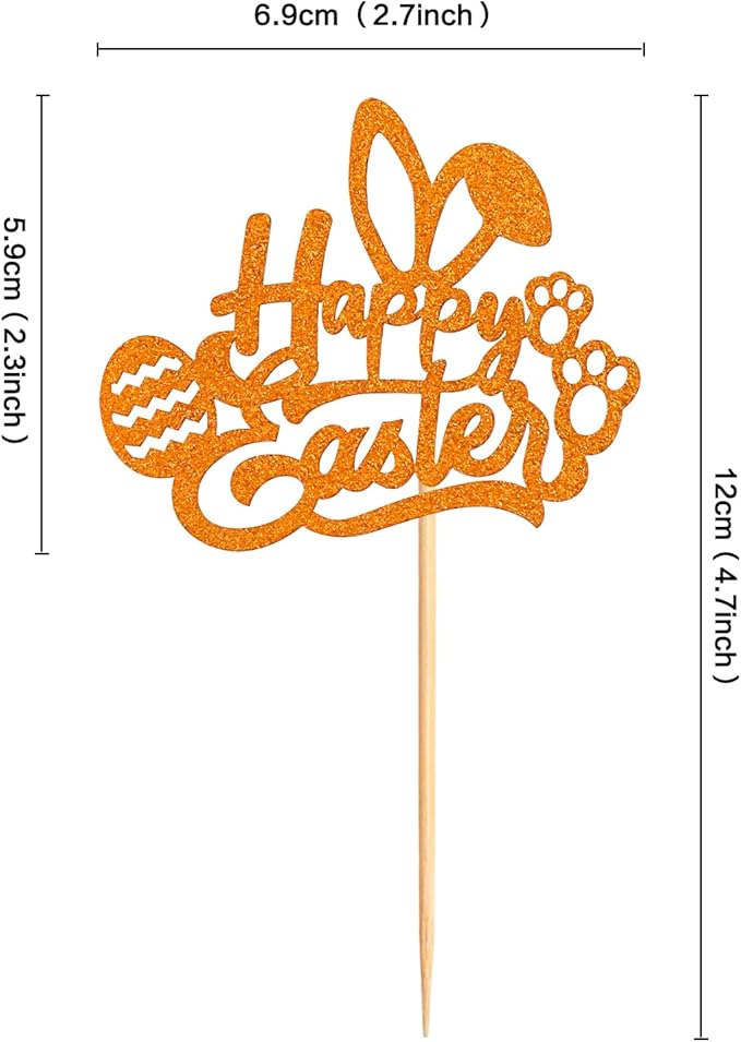 Ercadio 24Pcs Gold Pink Orange Happy Easter Cupcake Toppers Glitter Happy Easter Bunny Ears Cupcake Picks for Easter Day Baby Shower Easter Birthday Wedding Anniversary Party Decor Supplies