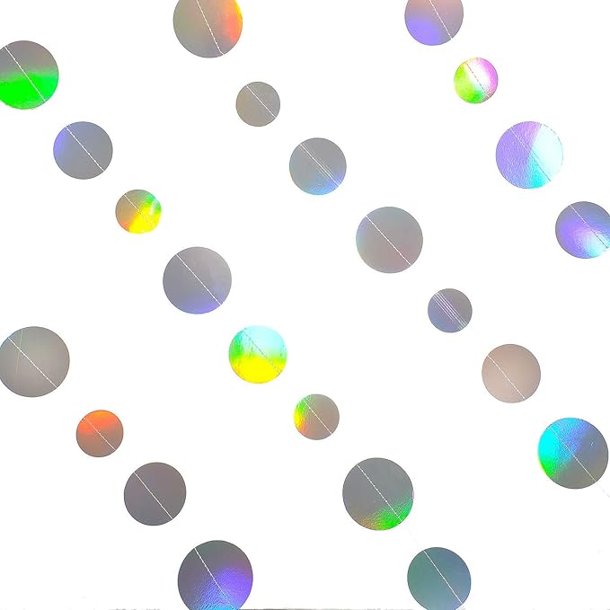 Holographic Paper Garland Shiny Iridescent Circle Dots Party Streamer Banner Backdrop Hanging Decorations, 20 Feet in Total