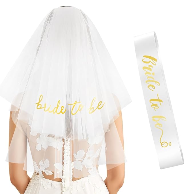 Gold Bride to Be Sash Veil for Bachelorette Party Accessories, 2 Pack Bride to Be Decorations Set for Women and Girls, Bridal Shower Decorations, Engagement Gifts for bride