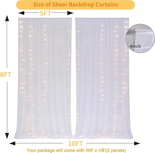 10 FT x 8 FT White Backdrop Curtain - Tulle Backdrop Curtain with 9.8FT Lights String - Sheer Backdrop Curtains with 4 Inch Rod Pockets for Birthday Weddings Baby Shower Celebration Party Decorations