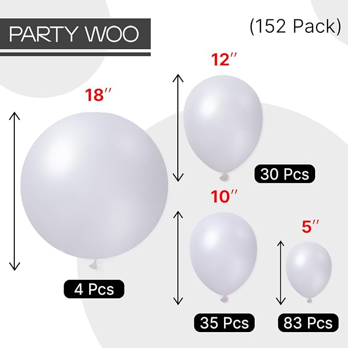 PartyWoo Pearl White Balloons 152pcs Different Sizes Pack of 18 12 10 5 Inch Metallic White Latex Balloon Arch Kit Garland for Wedding Graduation Baby Shower Birthday Party Decorations White-Z30