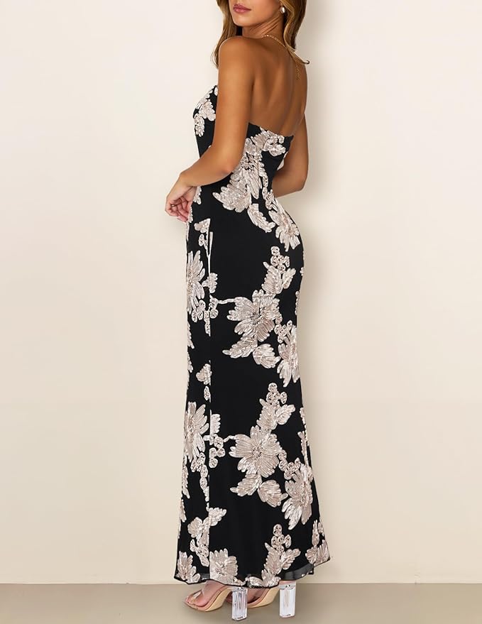 MEROKEETY Women's Floral Strapless Maxi Dress 2026 Summer Mesh Tube Bodycon Formal Wedding Guest Cocktail Party Long Dresses