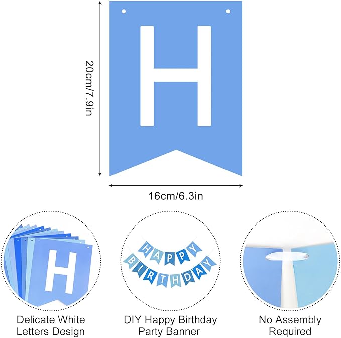 Happy Birthday Banner Sign, Birthday Garland Wall Door Hanging Banners Flag for Women Men Boys Girls Party Backdrop Decorations, Personalized Name Banner White Letters Blue and Light Blue