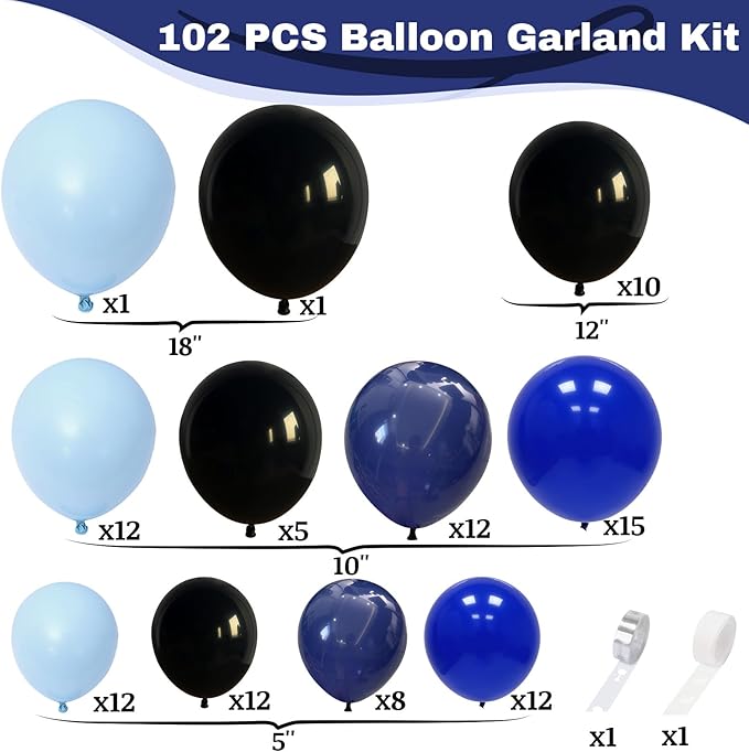 Blue and Black Balloon Arch Kit, 102 Pcs Navy Royal Latex Party Balloons Baby Light Blue Black Balloon Garland Kit for Graduation Boys Baby Shower Gaming Birthday Party Decorations