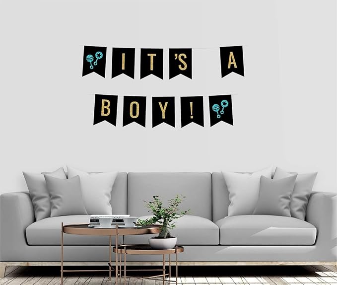 Andaz Press Faux Gold Glitter on Black Baby Shower Party Banner Decorations, It's a Boy!, Approx 5-Feet, 1-Set, Colored Hanging Pennant Decor