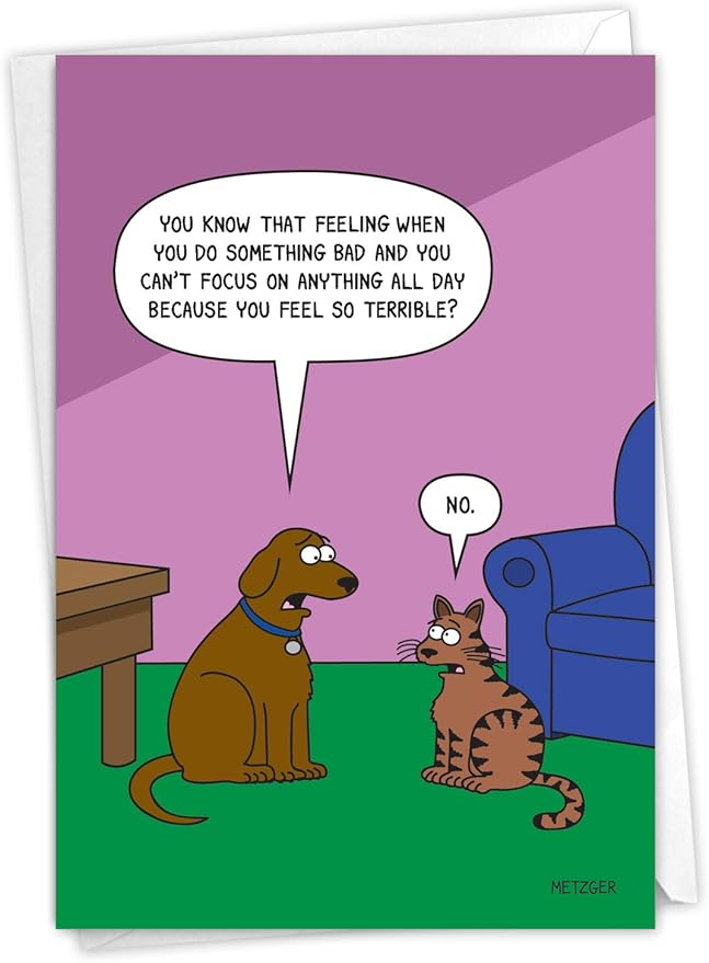NobleWorks - 1 Funny Animal Card for Birthdays - Pet Cat and Dog Humor, Birthday Notecard with Envelope - Dog Guilt C6390BDG