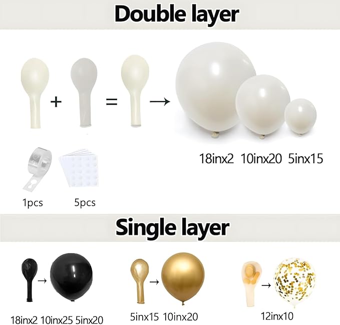 Black Gold White Balloons Arch Kit - 129 pcs Double Stuffed Pearl Sand White Black Chrome Gold with Confetti Balloon Garland for Birthday Graduation Father's Day New Year's Party Decoration