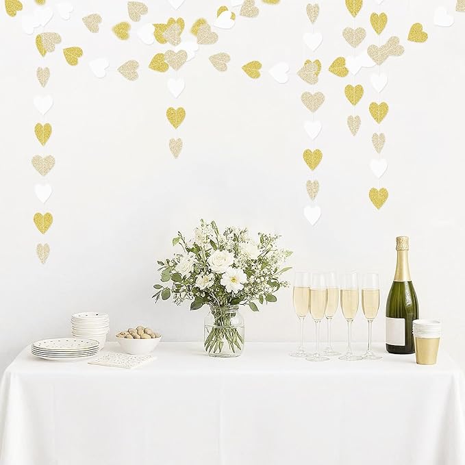 White Champagne-Gold Decorations for Party - 52Ft Heart Paper Garland Decoration Streamers Birthday Banner Bridal Baby Shower Wedding Bachelorette Engagement Graduation Hanging Decor Hongtongtong