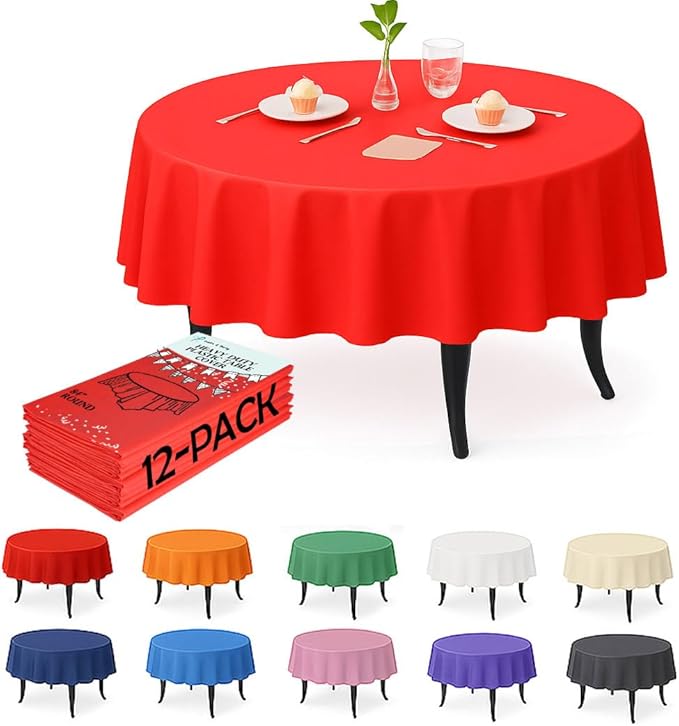 Craft And Party 12-Pack Red Plastic Tablecloths – 84 Inch Round Disposable Table Covers, Heavy Duty & Waterproof for Parties, Events, Banquets, Red