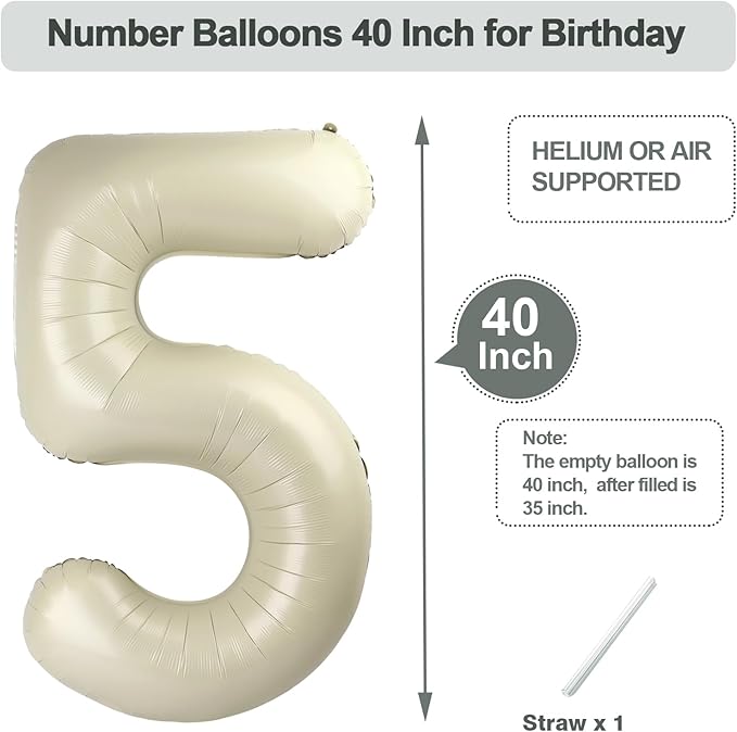 Number 5 Balloon 40 Inch, Foil Balloons for Boys And Girls, Cream Numbers Balloon for 5, 15, 25, 50 Birthday Party Decoration, Anniversary, Christmas, Thanksgiving Day