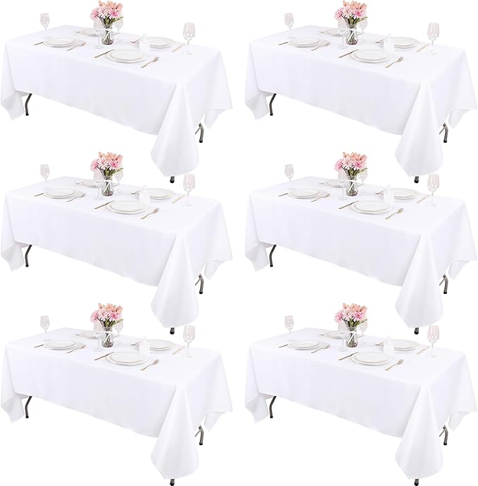 Kesfey 6 Packs White Table Cloths Rectangle 60 x 84 inch Washable Polyester Fabric White Tablecloths for 4 Feet Tables Stain and Wrinkle Resistant Reusable Table Covers for Parties Wedding Banquet
