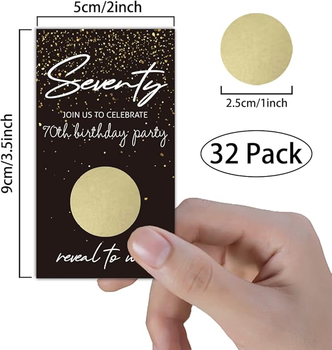 REWIDPARTY Black Gold Seventy Birthday Scratch Off Cards（32 PCS） 70th Birthday Party Game Scratch Cards Cheers to 70 Years Party Supplies Activity for Black Gold Birthday Raffle Tickets Kids Adults