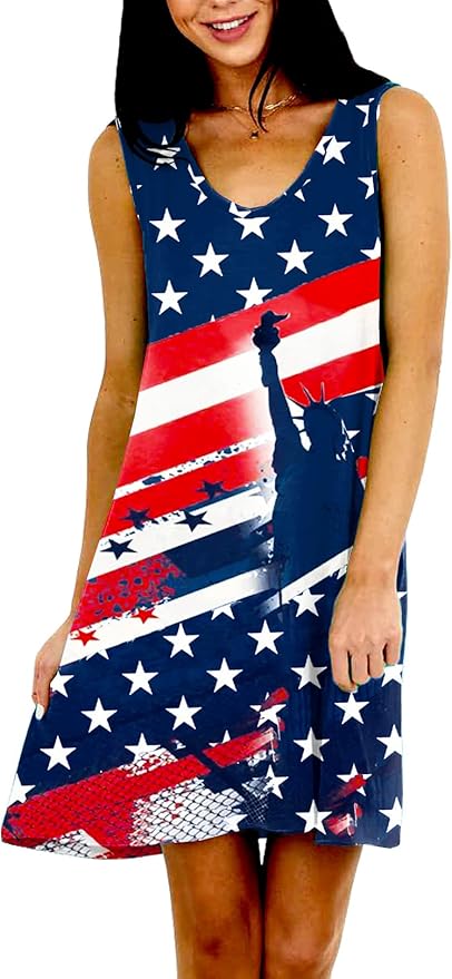 Deerose Women 4th of July Sleeeveless Dress Patriotic V Neck Tank Dresses with Pockets