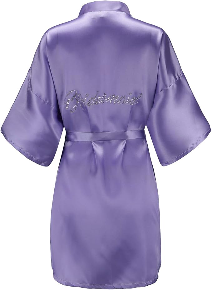 EPLAZA Women's One Size Silver Rhinestones Bride Bridesmaid Short Satin Robes for Wedding Party Getting Ready