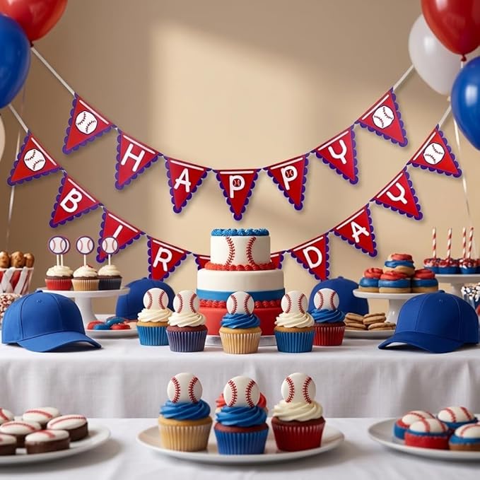 OZCZKZZ Happy Birthday Banner Baseball,Red,Navy Blue,Baseball Birthday Party Decorations