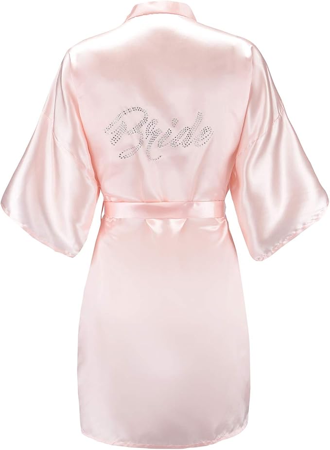 EPLAZA Women's One Size Silver Rhinestones Bride Bridesmaid Short Satin Robes for Wedding Party Getting Ready