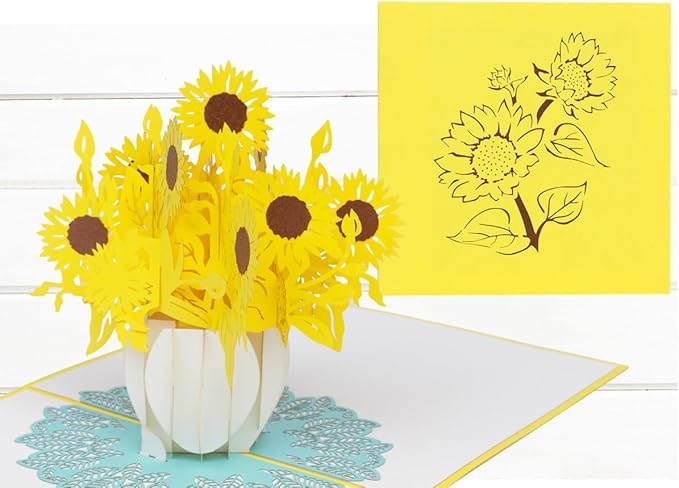 iGifts And Cards Inspirational Sunflowers 3D Pop-Up Card – Sunflower Bouquet in White Vase – Friendship, Thinking of You, Welcome Home, Housewarming, Encouragement Gift – 6 x 6 Handmade Floral Card