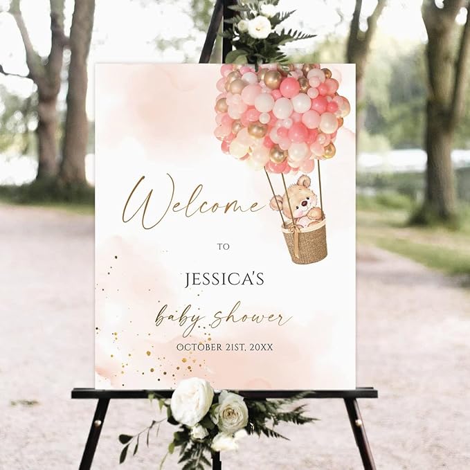 Personalized Pink Teddy Bear Welcome Sign for Baby Shower - Girls' Baby Shower Decor