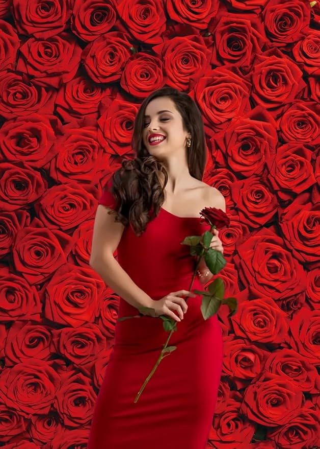 RUINI Red Rose Floral Wedding Photography Backdrop Rose Wall Valentines Day Wedding Bridal Shower Party Decorations Banner 6x8FT