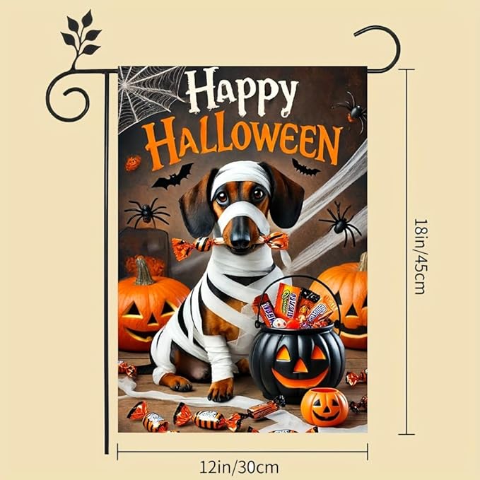 Halloween Garden Flag Mummy Dog Pumpkin Candy Bucket 12x18 Inch Double SidedOutdoor Yard Banner for Trick or Treat Haunted House Spooky Small Holiday Decoration Decor