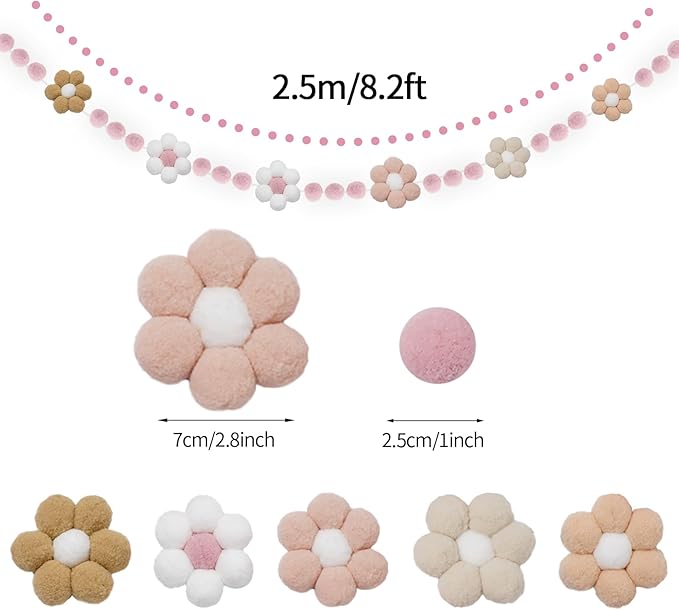 Whaline Groovy Retro Flower Felt Banner 3D Flower Pom Pom Balls Banner Boho Daisy Garland Pre-Assembled Spring Floral Bunting Garland for Party Supplies Home Hanging Decoration