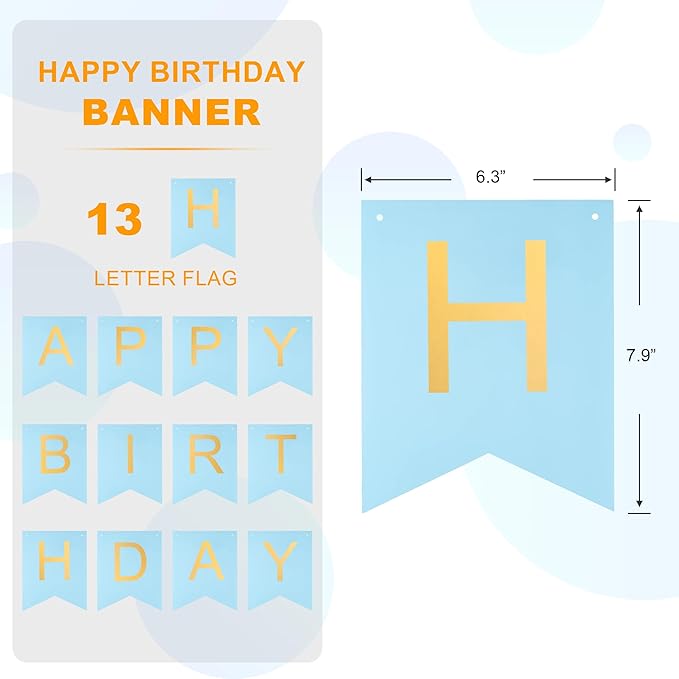Blue Happy Birthday Banner - Light Blue Hanging Backdrop Sign with Gold Letters, Happy Birthday Sign Bunting Decorations for Women men Kids Baby Shower Party Supplies (13pcs)