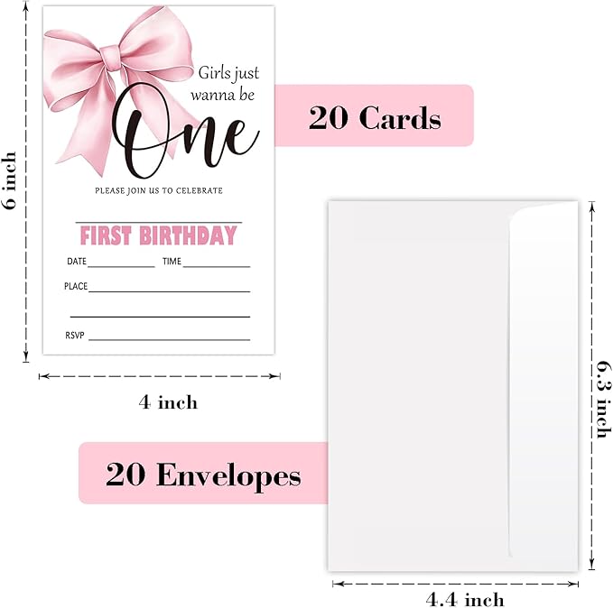 Pink Bow First Birthday Invites Cards Party Invitation Cards for Girls Kids Adults Party Invitations 4x6 Inch Invitations with Envelopes 20 Pcs Double Sided Invitation Card for Girls 1st Birthday YT82