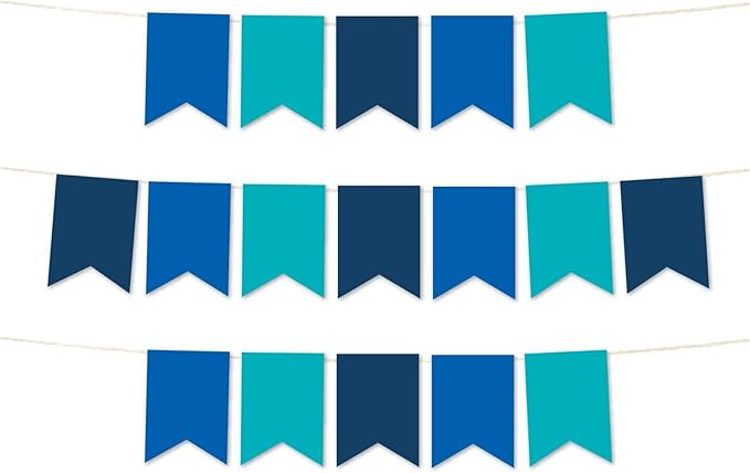 Andaz Press Hanging Pennant Banner with String, Royal Blue, Turquoise Aqua, Navy Blue, 1-Set, 24 Pennants, Approx. 12-Feet Long