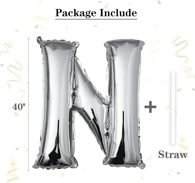 40 inch Silver Letter N Balloon, Big Size Alphabet Foil Mylar Helium Balloons for Birthday Party Celebration Wedding Anniversary Baby Shower Decorations Supplies Alphabet N