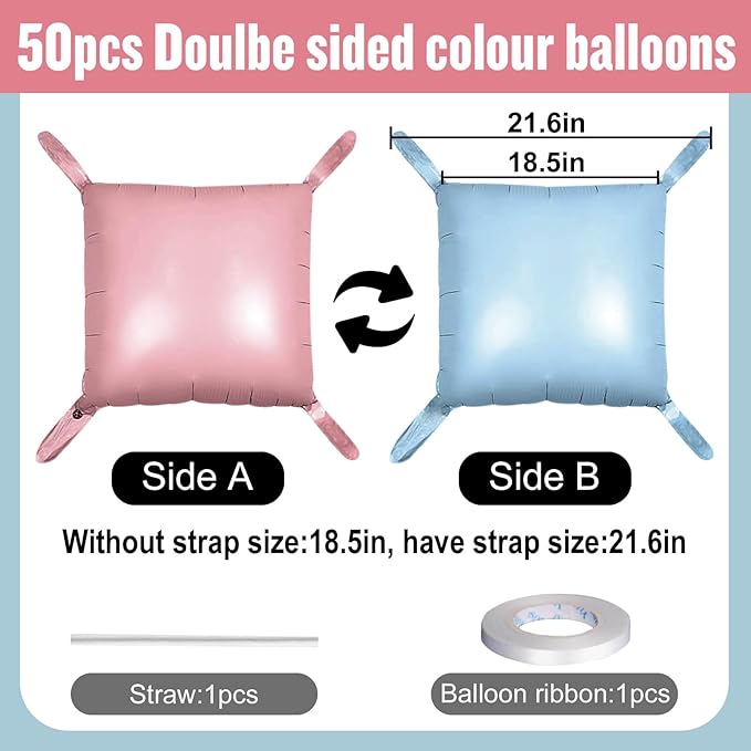 50Pcs Light Pink and Light Blue Square Foil Balloons Wall Backdrop, Double Sided Metallic Foil Balloons Tunnel Arch Garland Kit for Photo Booth Birthday Wedding Halloween Christmas Party Decorations