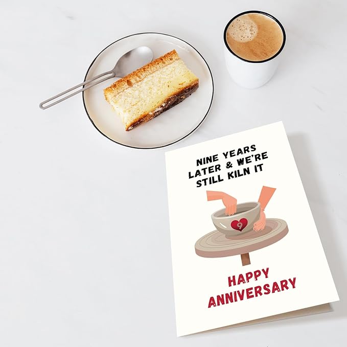 Funny 9th Anniversary Card & Gift for Husband Wife, Pottery Anniversary Pun Card Gifts for Him Her, 9 Years Together Wedding Anniversary Card for Couple, Nine Years Later & We're Still Kiln It