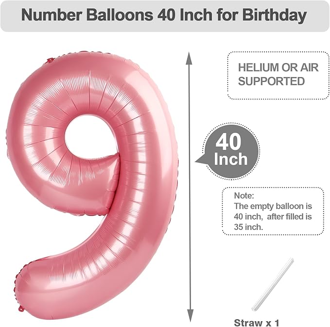 Pearl Pink Balloon Numbers 9, Large 40 Inch Happy 9 19 29 90 Birthday for Men And Women, Foil Balloons Decoratins for Wedding Anniversary, Single, New Year, Party Syupplies